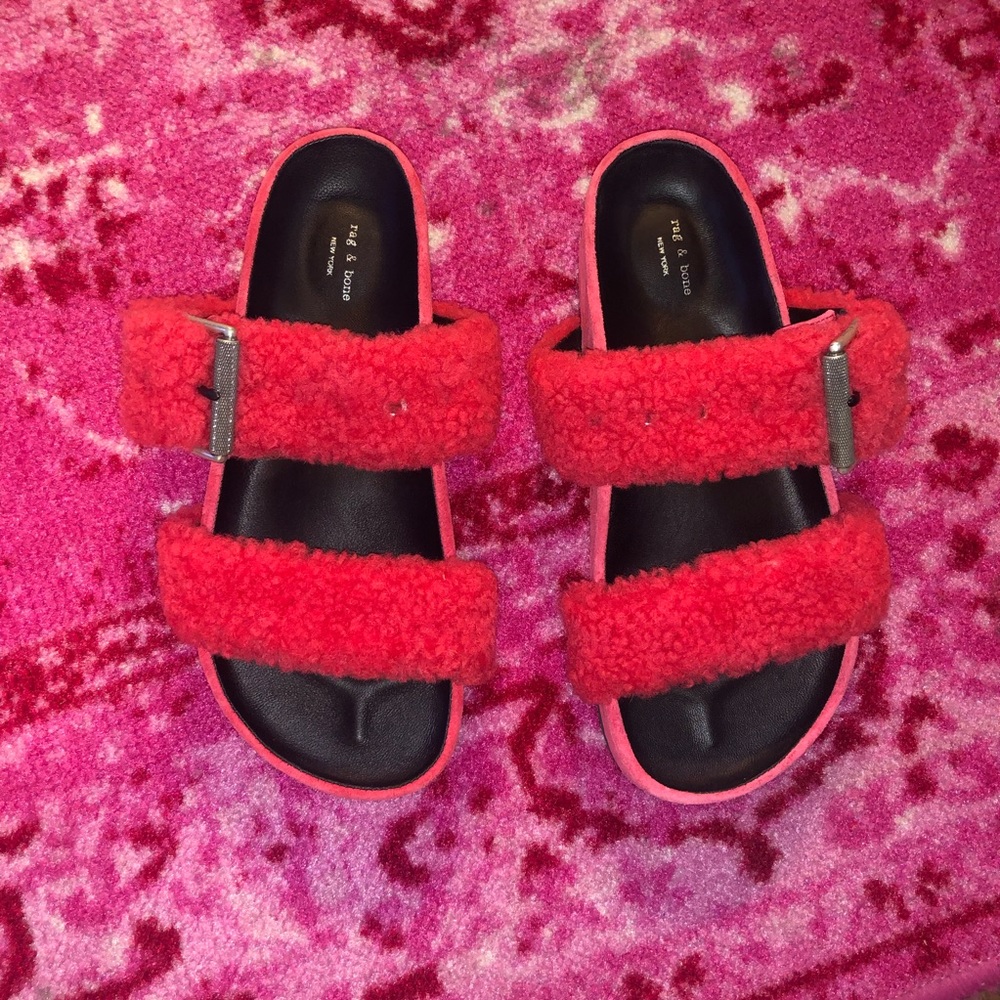 rag & bone Women's Red Shearling Platform Slide Sandals